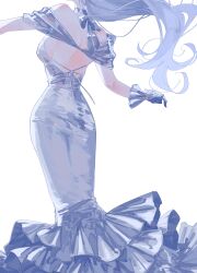  1girl back backless_dress backless_outfit bare_shoulders blue_dress blue_ribbon blush breasts choker dancing dress floating_hair frilled_dress frilled_gloves frills gloves hg_2215 highres long_dress mermaid mermaid_dress monster_girl original ribbon ribbon_choker sideboob simple_background solo white_background 