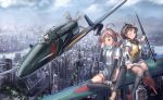  3girls ahoge airplane akizuki_(kantai_collection) arm_warmers artist_name asagumo_(kantai_collection) ascot between_legs black_eyes black_hair bow brown_eyes brown_hair building city cityscape clouds doraxi fairy_(kantai_collection) flying gloves goggles goggles_on_head green_hair hair_bow hand_between_legs headband helmet high_heels highres holding horizon kantai_collection kyuushuu_j7w_shinden long_hair microskirt multiple_girls one_eye_closed scenery shinden_(kantai_collection) short_hair signature skirt sky suspenders thigh_strap tree twintails water wind 