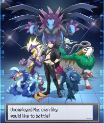  1boy absol black_jacket black_pants black_shoes brown_fur commentary dialogue_box english_commentary english_text gogoat guitar_case hand_on_own_hip highres holding holding_poke_ball horns hydreigon instrument_case jacket mega_absol_z meloetta open_clothes open_jacket pants poke_ball poke_ball_(basic) pokemon pokemon_(creature) purple_hair quaquaval seyumei shoes sky_(seyumei) standing tile_floor tiles toxtricity toxtricity_(amped) watch watch 