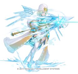 1girl attack blonde_hair blue_eyes breasts brooch cape capelet commentary_request copyright_notice earrings emblem fire_emblem fire_emblem_heroes fjorm_(fire_emblem) fjorm_(icy_miracle)_(fire_emblem) fur-trimmed_cape fur_hat fur_trim gloves green_eyes hat holding holding_polearm holding_weapon ice ice_skates ice_wings jewelry maeshima_shigeki medium_breasts multicolored_hair official_alternate_costume official_art open_mouth polearm short_hair short_hair_with_long_locks skates snowflakes solo thigh-highs v-shaped_eyebrows weapon white_capelet wings 