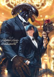  00rux 1boy alcohol alien alien_(series) alien_stage birthday black_hair black_jacket black_pants black_suit collared_shirt commentary cup drinking_glass english_text fang fang_out food hand_in_pocket highres holding holding_cup ivan_(alien_stage) jacket pants parfait red_pupils red_wine sharp_teeth shirt short_hair suit suit_jacket teeth tongue untranslatable_commentary very_short_hair white_shirt wine wine_glass xenomorph 