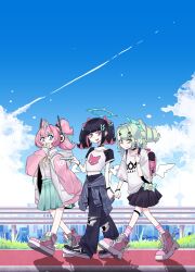  3girls absurdres angels_of_delusion aria_(zenless_zone_zero) black_choker black_hair black_pants blue_sky bow choker clothes_around_waist collared_shirt colored_inner_hair day denim earrings fang green_bow green_eyes green_hair green_halo green_skirt halo high-waist_skirt highres jacket jacket_around_waist jeans jewelry leg_warmers looking_at_another mechanical_ears mii_rza multicolored_hair multiple_girls multiple_hair_clips musical_note_earrings nangong_yu outdoors pants pink_bag pink_hair pink_leg_warmers pink_shoes red_eyes shirt shoes short_sleeves short_twintails skirt sky smile streaked_hair striped_leg_warmers sunna_(zenless_zone_zero) sweat t-shirt thigh_strap torn_clothes torn_jeans torn_pants twintails white_shirt white_wings winged_bag wings zenless_zone_zero 