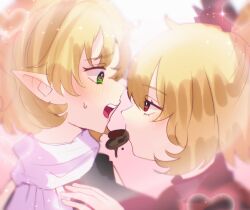  2girls blonde_hair blush candy chocolate commentary_request eye_contact food from_side green_eyes hand_up heart heart-shaped_chocolate heart-shaped_food heart_in_eye highres inubota_21 kurodani_yamame looking_at_another mizuhashi_parsee mouth_hold multiple_girls pointy_ears portrait red_eyes scarf short_hair sweatdrop symbol_in_eye touhou white_scarf yuri 