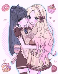  2girls amaya_tsubame back_bow black_hair blonde_hair blue_bow blue_eyes blush bow braid brown_dress c28841s commentary_request cupcake doughnut dress food gakuen_idolmaster hair_bow hand_on_another's_cheek hand_on_another's_face hand_on_another's_shoulder hands_on_another's_waist heart highres idolmaster juo_sena long_sleeves mole mole_under_eye multiple_girls one_eye_closed open_mouth pink_background pink_hair ponytail shapes_background short_sleeves shorts skirt smile sweets yellow_dress yuri 