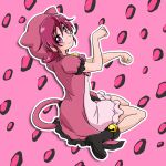  1girl aida_mana bell boots cat_tail dokidoki!_precure flipped_hair hood jacket jingle_bell niita panther_pink_(precure) paw_pose pink_background pink_eyes pink_hair precure short_hair skirt smile solo tail 