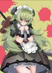 1girl animal_bag apron azuki_pii bandaid bandaid_on_leg bear_bag black_dress circular_saw commentary_request corin_wickes cowboy_shot crossed_bangs dress green_hair hair_between_eyes hairband highres long_hair maid maid_apron maid_headdress metal_hairband open_mouth saw scared screw_hair_ornament short_sleeves solo tears trembling violet_eyes white_apron zenless_zone_zero 