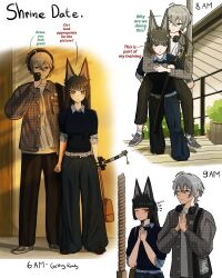  1boy 1girl absurdres alternate_costume animal_ears arms_around_neck black_pants blue_pants blue_shirt blunt_bangs blush brown_jacket carrying carrying_person denim english_commentary english_text fox_ears fox_girl green_eyes grey_hair grey_shirt headphones headphones_around_neck hetero highres holding holding_sword holding_weapon hoshimi_miyabi jacket jeans katana long_hair outdoors own_hands_clasped own_hands_together pants piggyback praying red_eyes selfie shirt short_hair stvulkan sword weapon wise_(zenless_zone_zero) zenless_zone_zero 