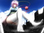  1girl city clouds crossed_legs destruction from_below giantess hairband heart highres komeiji_satori neva panties pink_hair red_eyes short_hair sky socks solo stairs thigh-highs third_eye toes touhou underwear 