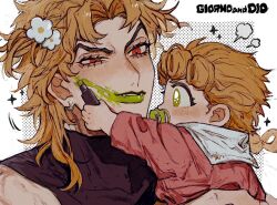  2boys baby blonde_hair carrying carrying_baby carrying_person character_name dio_brando earrings eyelashes father_and_son flower giorno_giovanna green_eyes green_lips hair_flower hair_ornament hashtag-only_commentary jewelry jojo_no_kimyou_na_bouken lipstick makeup male_focus multiple_boys neg_50asu pacifier red_eyes smeared_lipstick stardust_crusaders vento_aureo 