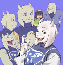  1girl 1other 2025 2d ambiguous_gender animal_ears anthro body_fur brown_hair cardigan closed_eyes delta_rune_(symbol) delta_rune_print deltarune digital_media dress droopy_ears duo fake_horns fangs female female_focus floppy_ears furry furry_female glasses goat goat_ears goat_girl goat_horns green_shirt hair_over_eyes hairband hand_up hands_on_own_hips highres horizontal-striped_clothes horn_hairband horns human index_finger_raised kris_(deltarune) laughing leaning_forward long_sleeves mammal monster monster_girl multiple_views one_eye_closed open_mouth purple_background purple_cardigan purple_dress purple_robe red_horns robe shaded_face shirt short_hair simple_background single_horizontal_stripe star_(symbol) striped_clothes striped_shirt toriel ttudolee two-tone_shirt undertale upper_body utdr_(toby_fox) white_fur white_horns white_sleeves yellow_stripes 