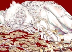  1boy alternate_hairstyle bishounen bob_cut bracelet bruno_bucciarati bug cleavage_cutout closed_mouth clothing_cutout coat coat_on_shoulders coin earrings expressionless giorno_giovanna gold gold_coin gold_experience gold_experience_requiem grey_eyes guido_mista hairband hashtag-only_commentary head_rest high_collar highres jacket jewelry jojo_no_kimyou_na_bouken leone_abbacchio long_hair long_sleeves looking_at_viewer lying male_focus multiple_rings narancia_ghirga necklace on_side on_stomach pale_skin pannacotta_fugo pearl_necklace red_background ring simple_background solo trish_una unworn_jewelry upper_body vento_aureo victory_rolls wavy_hair white_hair white_jacket zhhy3324 