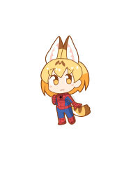  1girl :3 absurdres animal_ear_fluff animal_ears animal_print artist_name blonde_hair blue_bodysuit blush_stickers bodysuit breasts cat_ears cat_girl cat_tail chibi chibi_only closed_mouth commentary cosplay extra_ears full_body hair_between_eyes highres jonstrange0613 kemono_friends large_breasts looking_at_viewer marvel multicolored_bodysuit no_nose print_bodysuit red_bodysuit serval_(kemono_friends) short_hair signature simple_background smile solo spider-man spider-man_(cosplay) spider-man_(series) spider_print spider_web_print striped_tail superhero_costume tail the_spectacular_spider-man two-tone_bodysuit white_background yellow_eyes yellow_tail 