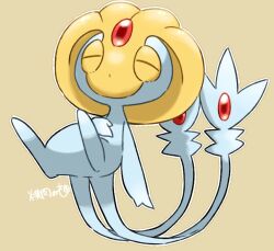  brown_background closed_eyes commentary_request forehead_jewel gem multiple_tails no_humans pokemon pokemon_(creature) red_gem simple_background solo tail translation_request two_tails uxie yakiniku628 