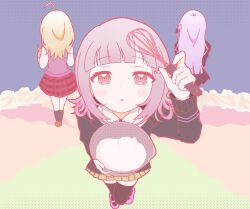  3girls :o akamatsu_kaede black_jacket black_ribbon black_shirt blush braid brown_skirt collared_shirt commentary_request danganronpa:_trigger_happy_havoc danganronpa_(series) danganronpa_2:_goodbye_despair danganronpa_v3:_killing_harmony flipped_hair hair_ornament hair_ribbon holding jacket kirigiri_kyoko long_hair long_sleeves medium_hair misa_(usaginosakura) multiple_girls musical_note musical_note_print nanami_chiaki neck_ribbon pink_eyes pink_ribbon pink_sweater_vest pleated_skirt red_skirt ribbon shirt side_braid skirt smile standing sweater_vest two-tone_shirt white_shirt 