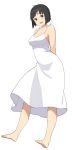  1girl accho_(macchonburike) arms_behind_back bare_shoulders barefoot black_eyes black_hair breasts cleavage dress full_body highres large_breasts original short_hair simple_background smile solo white_background white_dress 