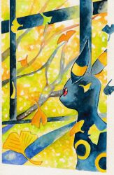  1other absurdres branch commentary_request falling_leaves ginkgo_leaf highres ivasama_kaeru leaf no_humans pokemon pokemon_(creature) red_eyes solo tree umbreon 
