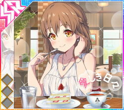  1girl album_cover amane_ai bare_shoulders blush bracelet braid breasts brown_hair cafe cake cake_slice closed_mouth collarbone cover cup day diffraction_spikes dot_nose drink drinking_glass earrings floating_earrings food fork fruit game_cg half_up_braid hand_in_own_hair hand_up hanging_light holding holding_fork idol_wars indoors ivy jewelry lens_flare looking_at_viewer medium_breasts medium_hair necklace official_art orange_eyes pendant plant plate potted_plant saucer shirt sleeveless sleeveless_shirt smile solo sparkle strawberry strawberry_cake table tea teacup third-party_source translated upper_body watch watch water white_shirt window wooden_table 