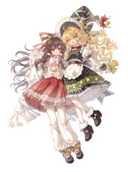  2girls 80isiiii :d absurdres ahoge alternate_costume apron ascot bell black_bow black_hat black_shoes black_skirt black_vest blonde_hair bow bowtie braid brown_hair buttons candy candy_cane christmas_tree_print collared_shirt food footwear_bow frilled_shirt_collar frills full_body green_bow grin hair_bow hair_ornament hakurei_reimu hat hat_ornament hat_ribbon highres holding holding_bell holly jingle_bell kirisame_marisa leaf_hair_ornament leaf_hat_ornament leg_warmers long_hair long_sleeves looking_at_viewer multiple_girls open_mouth puffy_short_sleeves puffy_sleeves red_bow red_bowtie red_eyes red_nails red_skirt ribbon shirt shoes short_sleeves side_braid simple_background single_braid skirt smile snowflake_print star_(symbol) striped_bow touhou vest waist_apron white_apron white_background white_bow white_leg_warmers white_shirt wide_sleeves witch_hat wrist_cuffs yellow_ascot yellow_eyes yellow_ribbon 