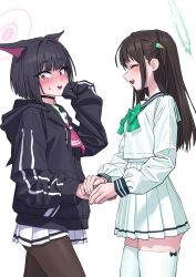  2girls absurdres airi_(blue_archive) animal_ears averting_eyes black_choker black_hair black_hoodie black_pantyhose blue_archive bow bowtie cat_ears choker commentary_request facing_another green_bow green_bowtie hair_ornament hairpin halo highres holding_hands hood hood_down hoodie kazusa_(blue_archive) korean_commentary long_hair long_sleeves looking_to_the_side multiple_girls okokorika open_mouth pantyhose pink_bow pink_bowtie pleated_skirt red_eyes school_uniform shirt short_hair sidelocks simple_background single_sleeve_past_wrist skirt standing sweatdrop teeth thigh-highs upper_body upper_teeth_only white_background white_shirt white_skirt white_thighhighs yuri 