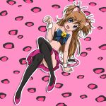  1girl animal_ears bell black_legwear blue_eyes bow brown_hair cat_ears cat_tail crop_top high_heels houjou_hibiki jingle_bell kemonomimi_mode long_hair midriff niita panther_pink_(precure) pink_background pink_skirt precure shoes sitting skirt smile solo suite_precure tail thigh-highs two_side_up 