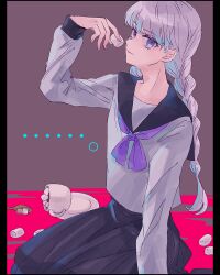  1boy black_sailor_collar black_skirt blue_eyes braid coffee commentary_request crossdressing crossdressing_(mtf) cup food grey_shirt highres juusan_kihei_bouei_ken kogoe_(user_hxsj4452) long_hair long_sleeves looking_at_viewer male_focus marshmallow neckerchief okino_tsukasa pleated_skirt sailor_collar school_uniform serafuku shirt sitting skirt smile solo trap twin_braids white_hair 