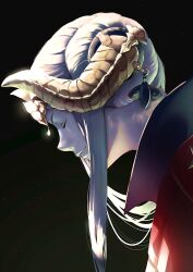  1girl black_background blonde_hair cape close-up closed_eyes closed_mouth collared_cape commentary dappled_sunlight double_bun edelgard_von_hresvelg edelgard_von_hresvelg_(timeskip) fake_horns fire_emblem fire_emblem:_three_houses from_side hair_bun hair_up headpiece high_collar highres horns leaning_forward light_particles official_alternate_costume red_cape shade solo sunlight un_faro upper_body 