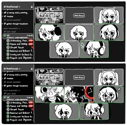  1boy 1other 6+girls absurdres animal_ear_headphones animal_ears animal_hair_ornament blush chair clock coat dante_(limbus_company) discord fake_animal_ears faust_(project_moon) fire game_screenshot_inset glasses headphones highres kiss limbus_company livestream middle_finger minty_chu monochrome multiple_girls multiple_persona object_head partially_shaded_face project_moon red_coat screenshot_inset spot_color surprised sweatdrop twintails yi_sang_(project_moon) 