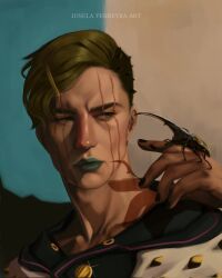  1boy artist_name beetle black_hair black_hood black_nails bug commentary_request green_eyes green_hair green_lips hair_ornament hairclip higashikata_jobin highres hood hood_down hoodie jojo_no_kimyou_na_bouken jojolion josela_ferreyra looking_at_object looking_to_the_side makeup male_focus portrait scar scar_across_eye scar_on_face solo spanish_commentary undercut white_hoodie 