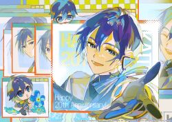  1boy :d black_gloves black_shirt black_shoes blue_eyes blue_flower blue_hair blue_pants chibi coat commentary_request company_name copyright_notice dual_persona epaulettes flower gloves grey_coat hair_between_eyes happy_anniversary headset highres holding holding_flower kaito_(vocaloid) kimi_to_sekai_no_hajimari_de_(project_sekai) korean_commentary looking_at_viewer male_focus official_alternate_costume official_art outstretched_arm pants project_sekai second-party_source senzzang shirt shoes smile striped_clothes striped_pants tongue triangle vocaloid web_address window_(computing) wonderlands_x_showtime_kaito 