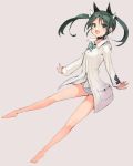  1girl :d animal_ears bare_legs barefoot bow cat_ears choker fang francesca_lucchini full_body green_eyes green_hair hair_bow long_hair no_pants open_mouth panties simple_background smile solo strike_witches striped striped_panties sumisu_(mondo) twintails underwear 