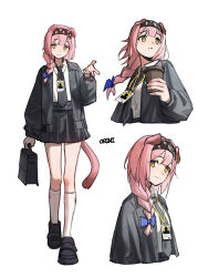  1girl absurdres animal_ears arknights bag black_bag black_hairband black_jacket black_necktie black_shoes black_skirt blue_bow bow braid cat_ears cat_girl cat_tail closed_mouth collared_shirt cropped_torso cup disposable_cup dress_shirt full_body goldenglow_(arknights) hair_bow hair_ornament hairband hairclip hand_up highres holding holding_bag holding_cup id_card jacket kneehighs lanyard lightning_bolt_print miniskirt multiple_views necktie open_clothes open_jacket orini pleated_skirt shirt shoes side_braid simple_background skirt smile socks tail white_background white_shirt white_socks yellow_eyes 