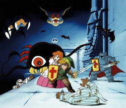  1980s_(style) 1boy 1girl armor bat_(animal) bead_necklace beads belt blue_eyes boots brown_hair brown_shoes claws darknut dress dungeon full_armor ganon gibdo gohma hat highres indoors jewelry keese knight link monster mummy necklace nintendo non-web_source official_art open_mouth pink_dress pointy_ears princess_zelda retro_artstyle scan serious shield shoes surrounded sword the_legend_of_zelda the_legend_of_zelda_(nes) tiara weapon 