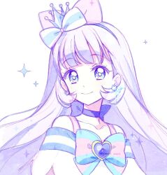 1girl animal_ear_hairband animal_ears aqua_bow bare_shoulders blue_bow blue_choker blue_crown blue_eyes blue_hairband blunt_bangs bow bow_choker bow_hairband bright_pupils brooch cat_ear_hairband cat_ears chest_bow choker closed_mouth collarbone commentary crown crown_earrings cure_nyammy dated dress earrings fake_animal_ears frilled_dress frills hairband heart heart_brooch jewelry long_hair looking_at_viewer magical_girl mini_crown multicolored_bow nekoyashiki_yuki off-shoulder_dress off_shoulder portrait precure qianxia_yell simple_background smile solo sparkle split_mouth straight_hair striped_bow tilted_headwear twitter_username very_long_hair white_background white_bow white_dress white_hair wonderful_precure! yellow_pupils 