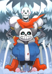 2016 2boys 2d aqua_eyes armor artist_name behind_another black_shorts blue_jacket blue_shorts blush_stickers bone boots brothers cape digital_media duo gloves grey_hood hands_in_pockets hands_on_own_hips height_difference highres hollow_eyes hood hood_down hooded_jacket humanoid jacket kenchicky legs_apart long_sleeves looking_at_viewer male male_focus male_only monster monster_boy multiple_boys open_clothes open_jacket outdoors papyrus_(undertale) pink_slippers red_boots red_cape red_gloves sans_(undertale) shirt shorts siblings single_vertical_stripe skeleton slippers snow socks straight-on striped_shorts teeth tree undead undertale utdr_(toby_fox) vertical-striped_clothes vertical-striped_shorts white_armor white_shirt white_socks white_stripes