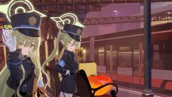  2girls :d absurdres armband backpack bag belt bench black_bag black_belt black_hat black_jacket black_shorts black_tail blue_archive blue_armband blush buttons calligraphy chinese_commentary closed_mouth commentary_request demon_girl double-breasted fang gloves green_hair green_halo guanhuvu hair_between_eyes halo hand_on_own_hip hand_up hat highres hikari_(blue_archive) holding ink ink_on_face jacket lantern long_hair long_sleeves looking_at_viewer multiple_girls nozomi_(blue_archive) open_mouth pantyhose paper_lantern peaked_cap pointy_ears shorts siblings sidelocks sisters skin_fang smile train train_station twins twintails very_long_hair waving white_gloves white_pantyhose yellow_eyes 