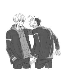  2boys commentary_request drawstring dt48whkewk91932 full-body_blush gakuran hand_in_pocket headpat headphones headphones_around_neck highres hood hood_down jacket_over_hoodie kaji_ren male_focus multicolored_hair multiple_boys sakura_haruka_(wind_breaker) school_uniform short_hair simple_background split-color_hair two-tone_hair white_background wind_breaker_(nii_satoru) 