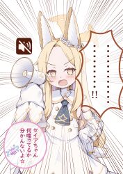  ... 1girl absurdres angry animal_ears ascot blonde_hair blue_archive blue_ascot blush bright_pupils buttons commentary_request cowboy_shot cross_halo detached_sleeves dress ear_wreath flower_wreath fox_ears gold_buttons gradient_eyes halo hand_on_own_hip highres holding holding_megaphone kyouwashi long_hair looking_at_viewer megaphone mika_(blue_archive) multicolored_eyes npc_jail open_mouth petticoat sailor_collar sailor_dress seia_(blue_archive) short_dress simple_background sleeveless sleeveless_dress sleeves_past_fingers sleeves_past_wrists solo speech_bubble spoken_character spoken_ellipsis translation_request v-shaped_eyebrows very_long_hair white_background white_dress white_pupils white_sailor_collar yellow_eyes yellow_halo 