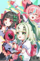  3girls :d angels_of_delusion aqua_streaks aria_(zenless_zone_zero) arm_warmers black_hair collared_shirt colored_inner_hair crossed_bangs dress earrings fingerless_gloves gloves green_eyes green_hair green_halo hair_between_eyes halo highres holding holding_megaphone jewelry leegh19769 leg_warmers megaphone multicolored_hair multiple_girls multiple_hair_clips musical_note_earrings nangong_yu necktie one_eye_closed open_mouth pink_arm_warmers pink_bag pink_gloves pink_hair red_eyes red_necktie shirt smile streaked_hair striped_arm_warmers sunna_(zenless_zone_zero) tears too_many_bows v v_over_eye white_dress white_shirt zenless_zone_zero 