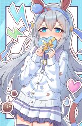  1girl animal_ears blue_eyes blue_hairband blush bow bowtie box cardigan chocolate ear_covers gift gift_box grey_hair grey_tail hair_between_eyes hairband headband heart-shaped_box highres holding holding_box horse_ears horse_girl horse_tail lightning_bolt_print lightning_bolt_symbol long_hair long_sleeves looking_at_viewer multicolored_hairband purple_sailor_collar purple_thighhighs red_headband sailor_collar school_uniform striped_clothes striped_hairband tail tamamo_cross_(umamusume) thigh-highs tracen_school_uniform two-tone_hairband umamusume very_long_hair white_bow white_bowtie white_cardigan zaijian_(xxx1148297) 
