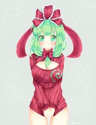  1girl blush bottomless breasts green_eyes green_hair hair_ribbon kagiyama_hina looking_at_viewer open-chest_sweater ribbed_sweater ribbon smbrly solo sweater sweater_tug touhou 