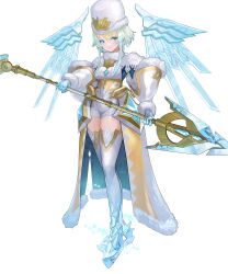 1girl blonde_hair blue_eyes breasts brooch cape capelet earrings emblem fire_emblem fire_emblem_heroes fjorm_(fire_emblem) fjorm_(icy_miracle)_(fire_emblem) fur-trimmed_cape fur_hat fur_trim gloves green_eyes hat highres holding holding_polearm holding_weapon ice ice_skates ice_wings jewelry looking_at_viewer medium_breasts multicolored_hair non-web_source official_alternate_costume official_art polearm short_hair short_hair_with_long_locks skates smile solo tachi-e thigh-highs weapon white_capelet wings 