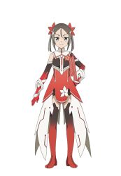 1girl black_hair boots breasts closed_mouth dress floral_print flower full_body gloves gradient_boots grey_eyes long_hair looking_at_viewer magical_girl miyoshi_karin official_art red_boots red_dress red_flower red_gloves second-party_source simple_background small_breasts smile solo standing tachi-e thigh_boots transparent_background twintails yuuki_yuuna_wa_yuusha_de_aru yuusha_de_aru 
