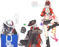  1girl 2boys ashveil_(honkai:_star_rail) baseball_cap black_hair boothill_(honkai:_star_rail) commentary_request cowboy_hat cropped_jacket cyborg fedora fishnets gradient_hair hat highres honkai:_star_rail honkai_(series) ice ice_cube jwisae232 korean_commentary long_hair midriff multicolored_hair multiple_boys own_hands_together pants pink_hair powering_up rappa_(honkai:_star_rail) refrigerator shorts sitting sleeping socks standing standing_on_one_leg streaked_hair tattoo very_long_hair white_hair 