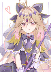  0_tsunamayo_0 1girl absurdres antenna_hair backlighting black_bow black_capelet black_dress blonde_hair bow capelet closed_mouth commentary_request cure_arcana_shadow diamond_hairband dress earrings frilled_capelet frilled_cuffs frills from_side gradient_hair hair_bow hair_intakes highres holding holding_staff jewelry looking_at_viewer magical_girl meitantei_precure! moria_luluka multicolored_hair precure purple_veil simple_background smile solo sparkle staff standing tear_arcana_rod veil violet_eyes white_background 