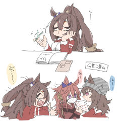  3girls academic_test beer_hsk brown_hair closed_eyes ear_ribbon el_condor_pasa_(umamusume) eye_mask fang hair_between_eyes holding hood hood_down hooded_jacket jacket long_hair mask multiple_girls nakayama_festa_(umamusume) open_mouth orfevre_(old_design)_(umamusume) ponytail purple_ribbon red_jacket ribbon track_jacket translation_request umamusume very_long_hair violet_eyes white_background 