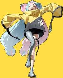  1girl 987645321o blue_hair blush bow-shaped_hair character_hair_ornament closed_eyes facing_viewer full_body grey_pantyhose hair_ornament hexagon_print highres iono_(pokemon) jacket long_hair long_sleeves multicolored_hair open_mouth pantyhose pantyhose_under_shorts pink_hair pokemon pokemon_sv sharp_teeth shorts simple_background single_leg_pantyhose sleeves_past_fingers sleeves_past_wrists smile solo split-color_hair standing teeth two-tone_hair yellow_background yellow_jacket 