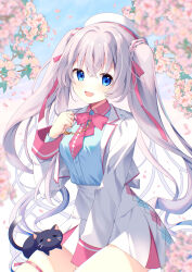  1girl beret black_cat blue_eyes blue_shirt blue_sky blurry blurry_foreground bow bowtie braid cat cherry_blossoms collar commentary cowboy_shot crescent_ornament cropped_jacket falling_petals grey_hair hair_ribbon hat highres indie_virtual_youtuber jacket long_hair long_sleeves mintxnao nekozuki_mio open_mouth outdoors petals pink_bow pink_bowtie pink_collar pink_ribbon pink_trim ribbon shirt shirt_tucked_in skirt sky solo thigh_strap twintails untranslatable_commentary virtual_youtuber white_hat white_jacket white_skirt 