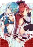  2girls blue_eyes bow cape gloves hair_bow hair_ornament hairclip long_hair magical_girl mahou_shoujo_madoka_magica mahou_shoujo_madoka_magica_movie miki_sayaka mizukikushou multiple_girls ponytail red_eyes red_string redhead sakura_kyouko short_hair sitting string thigh-highs yuri zettai_ryouiki 