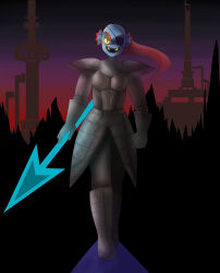  1girl 2016 2d absurdres annalee-sama anthro armor black_eyepatch blue_skin breastplate colored_sclera colored_skin colored_teeth commentary digital_media ear_fins english_commentary eyepatch female female_only fins fish fish_girl full_body gauntlets head_fins high_ponytail highres holding holding_polearm holding_spear holding_weapon long_hair monster monster_girl open_mouth pauldrons polearm ponytail red_background red_hair sharp_teeth simple_background slit_pupils solo spear standing straight-on teeth undertale undyne utdr_(toby_fox) weapon yellow_sclera yellow_teeth 