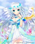  1girl :o angel_wings bare_shoulders blush breasts cleavage detached_sleeves green_eyes highres juke long_hair looking_at_viewer see-through solo thigh_gap unmei_no_clan_battle white_hair wings 